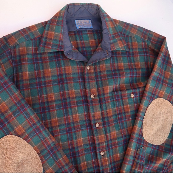 Men’s Vintage Pendleton Virgin Wool Plaid Elbow Patch Button Shirt Medium - Picture 3 of 4